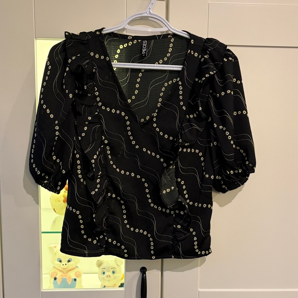 Black Ruffle Wrap Blouse with Cream Dot Wave Print